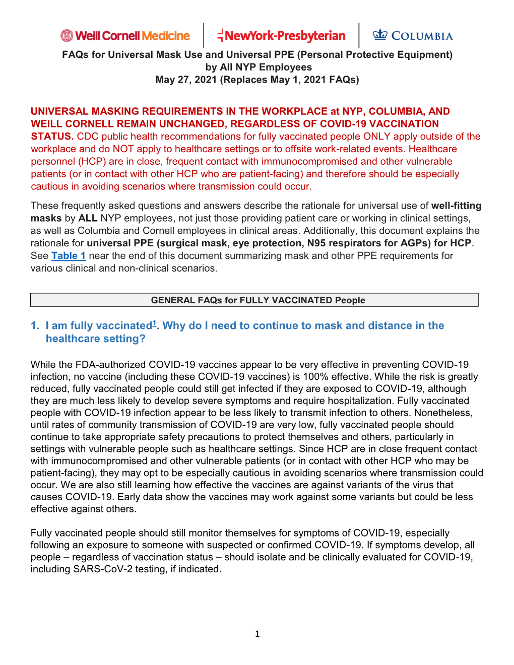 Personal Protective Equipment) by All NYP Employees May 27, 2021 (Replaces May 1, 2021 Faqs)