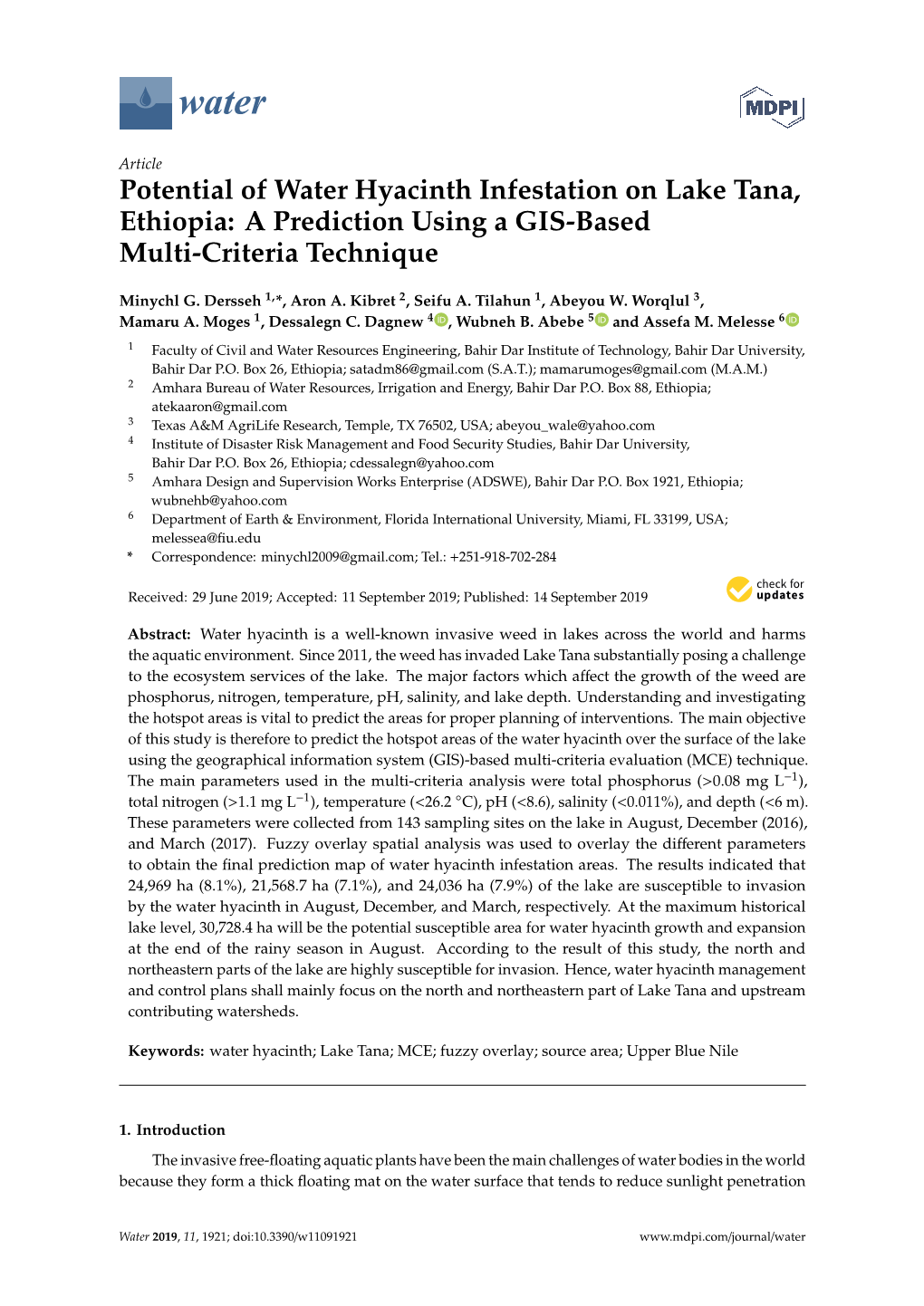 Potential of Water Hyacinth Infestation on Lake Tana, Ethiopia: a Prediction Using a GIS-Based Multi-Criteria Technique