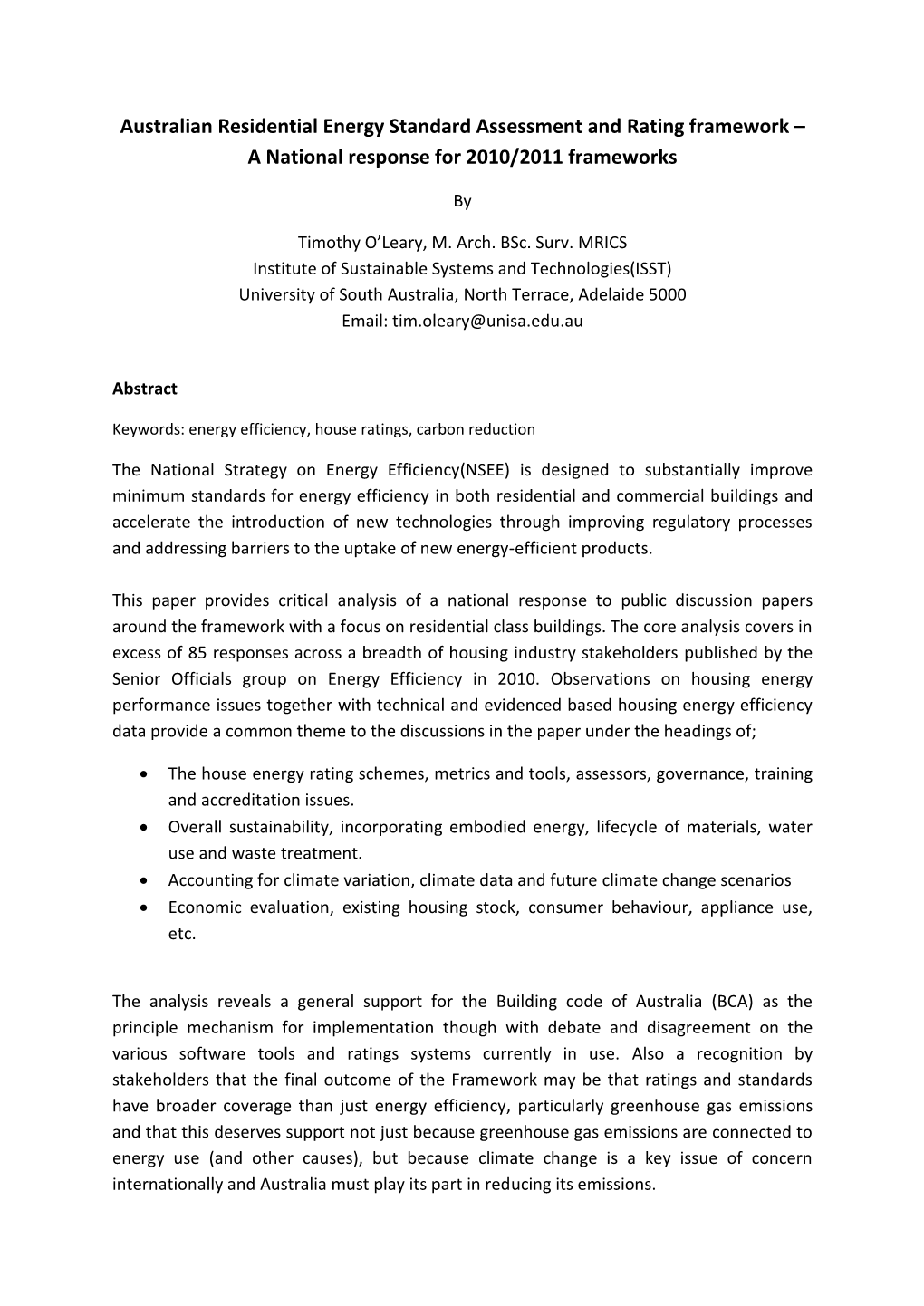 Australian Residential Energy Standard Assessment and Rating Framework – a National Response for 2010/2011 Frameworks