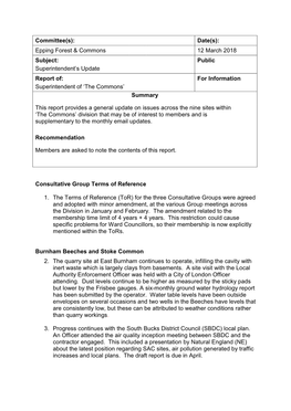 Report Of: for Information Superintendent of ‘The Commons’ Summary