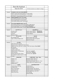 Denville Seafood Item List 2019 All Items and Prices Are Subject to Change