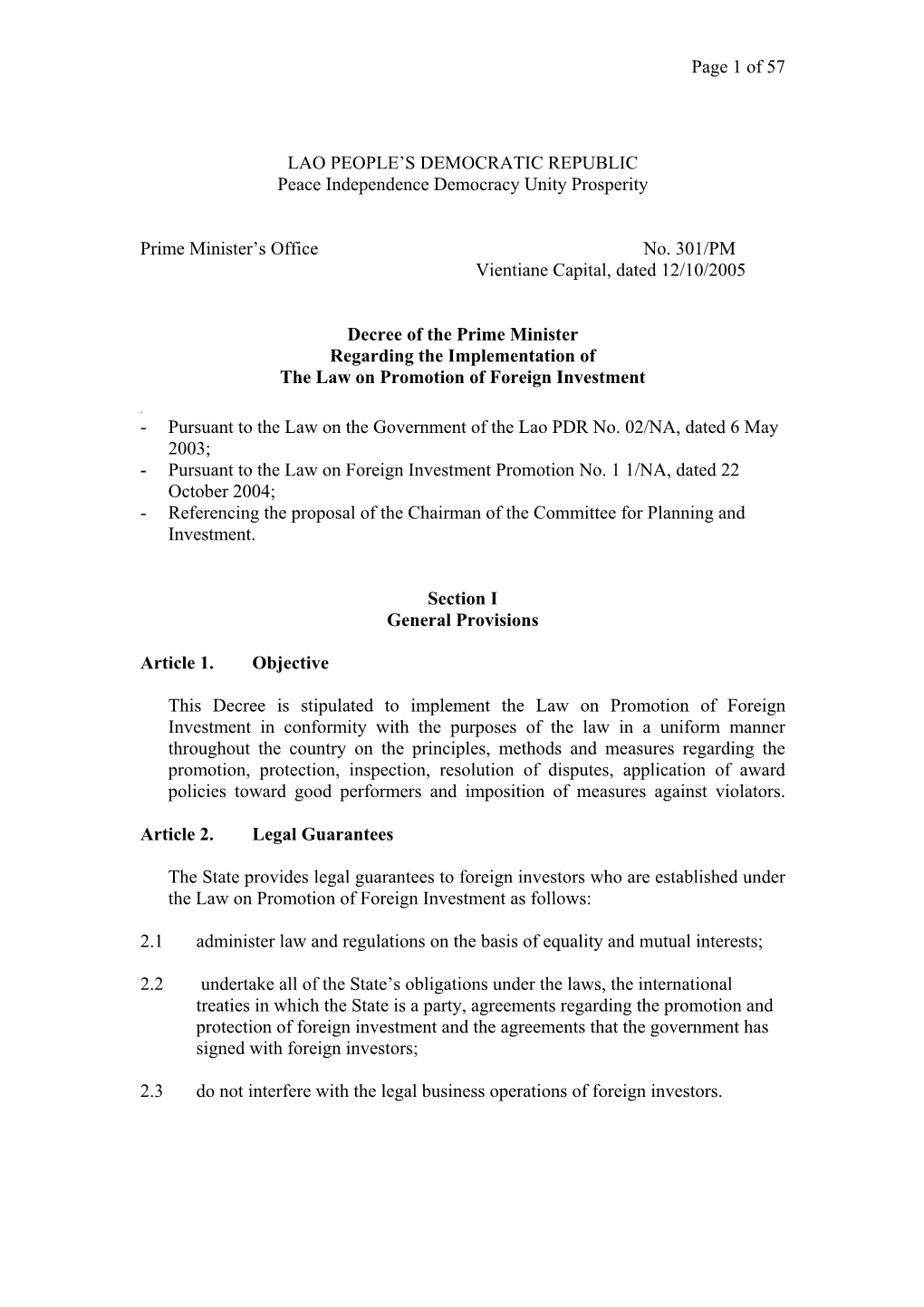 Page 1 of 57 LAO PEOPLE's DEMOCRATIC REPUBLIC Peace