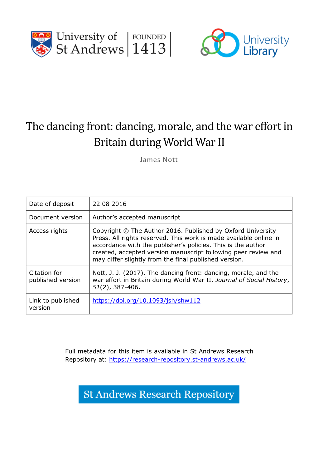 The Dancing Front: Dancing, Morale, and the War Effort in Britain During World War II