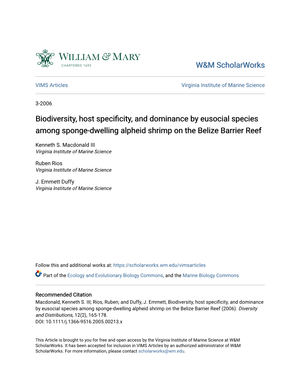 Biodiversity, Host Specificity, and Dominance by Eusocial Species Among Sponge-Dwelling Alpheid Shrimp on the Belize Barrier Reef