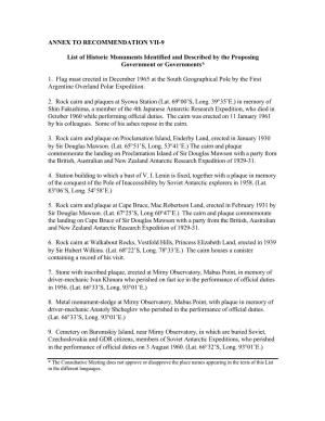 ANNEX to RECOMMENDATION VII-9 List of Historic Monuments