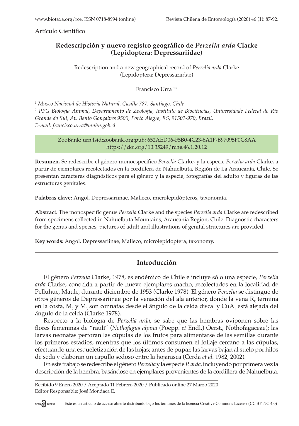 Redescripción Y Nuevo Registro Geográfico De Perzelia Arda Clarke