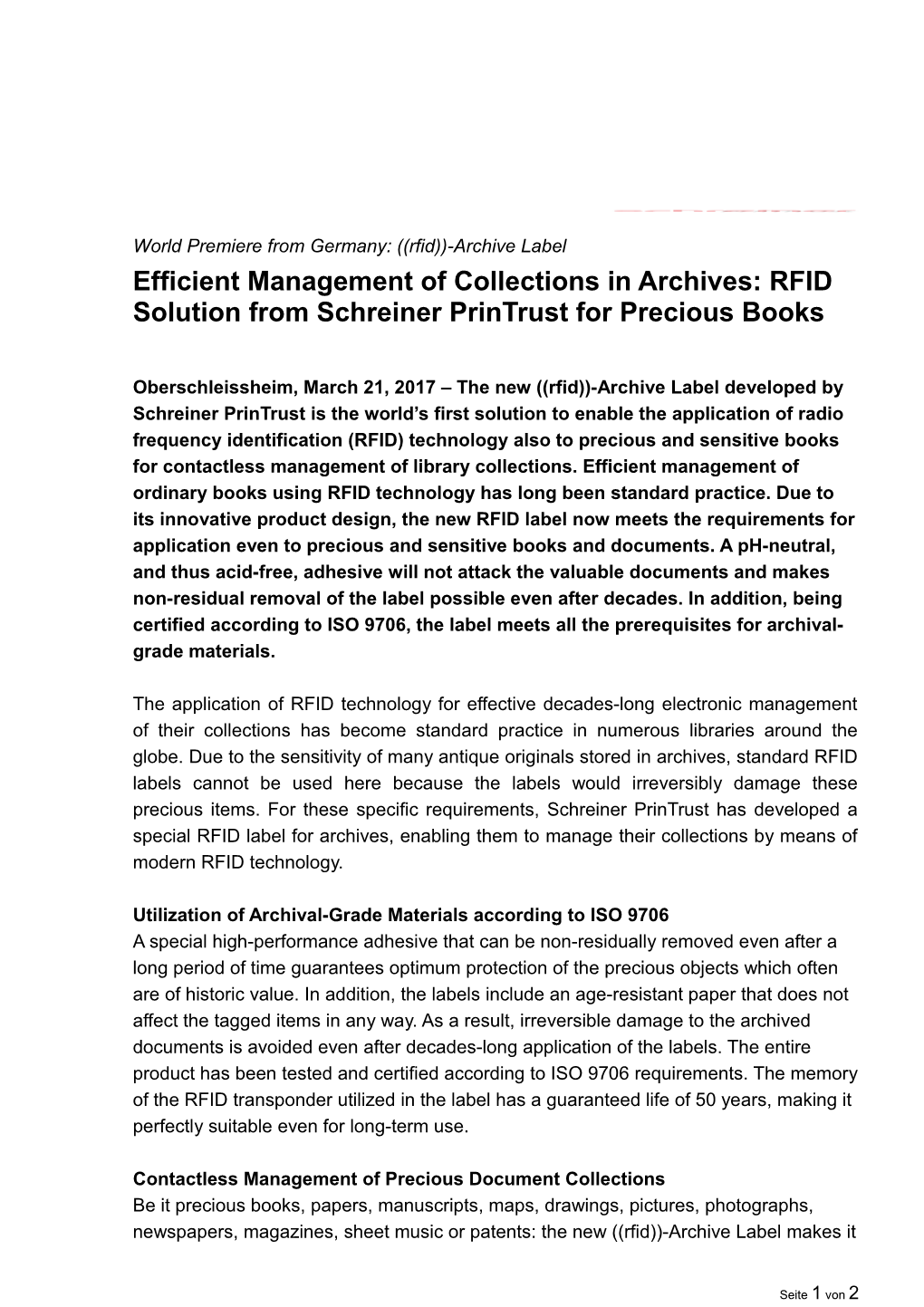 Efficient Management of Collections in Archives: RFID Solution from Schreiner Printrust