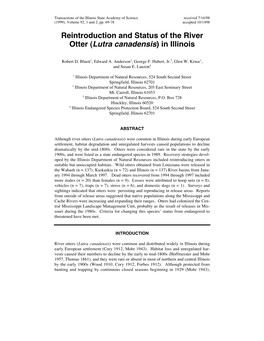 Reintroduction and Status of the River Otter (Lutra Canadensis) in Illinois