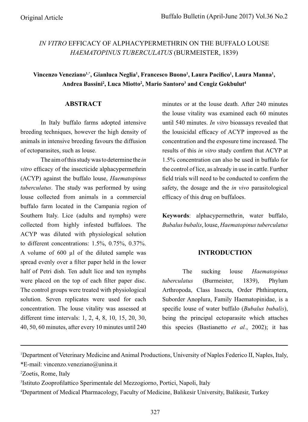 In Vitro Efficacy of Alphacypermethrin on the Buffalo Louse Haematopinus Tuberculatus (Burmeister, 1839)