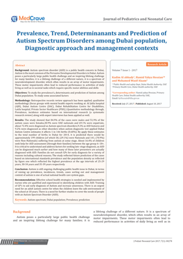 Prevalence, Trend, Determinanants and Prediction of Autism Spectrum Disorders Among Dubai Population, Diagnostic Approach and Management Contexts