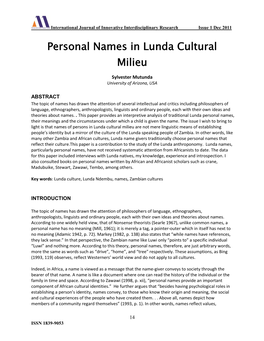 Lunda Names and Naming: Not a Mere Linguistic Phenomenon