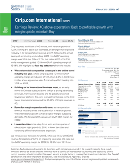 Ctrip.Com International (CTRP) Earnings Review: 4Q Above Expectation: Back to Proﬁtable Growth With
