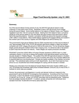 Niger Food Security Update: July 31, 2001