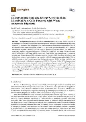 Microbial Structure and Energy Generation in Microbial Fuel Cells Powered with Waste Anaerobic Digestate
