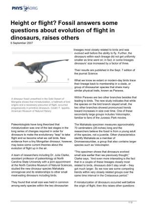 Fossil Answers Some Questions About Evolution of Flight in Dinosaurs, Raises Others 6 September 2007