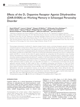 Effects of the D1 Dopamine Receptor Agonist Dihydrexidine (DAR-0100A) on Working Memory in Schizotypal Personality Disorder