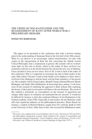 THE CRISIS of NEO-KANTIANISM and the REASSESSMENT of KANT AFTER WORLD WAR I: PRELIMINARY Remarkphil 346 17..40