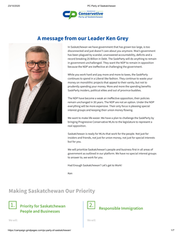 A Message from Our Leader Ken Grey Making Saskatchewan Our Priority