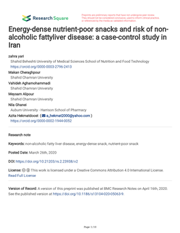 Energy-Dense Nutrient-Poor Snacks and Risk of Non-Alcoholic Fattyliver Disease