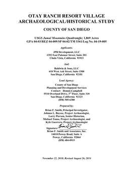 Otay Ranch Resort Village Archaeological/Historical Study