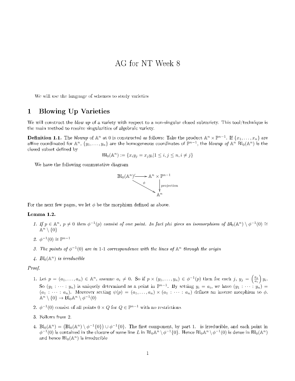 AG for NT Week 8 1 Blowing up Varieties