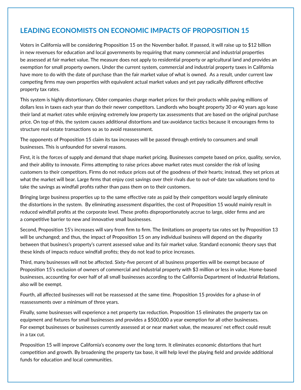 Leading Economists on Economic Impacts of Proposition 15