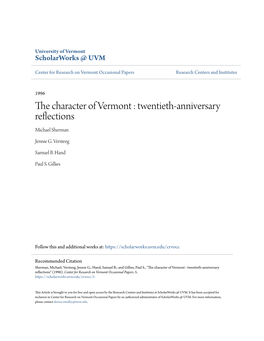 The Character of Vermont : Twentieth-Anniversary Reflections Michael Sherman