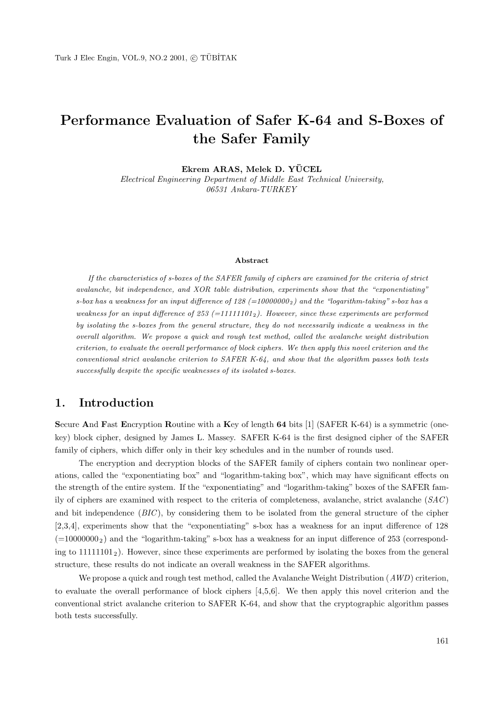 Performance Evaluation of Safer K-64 and S-Boxes of the Safer Family