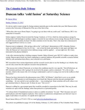 Duncan Talks ‘Cold Fusion’ at Saturday Science | the Columbia Daily Trib