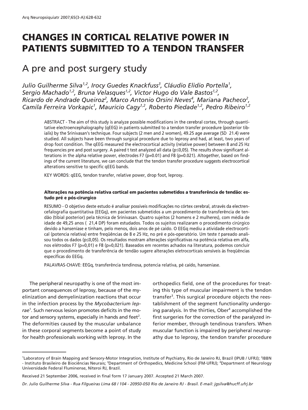 Changes in Cortical Relative Power in Patients Submitted to a Tendon Transfer