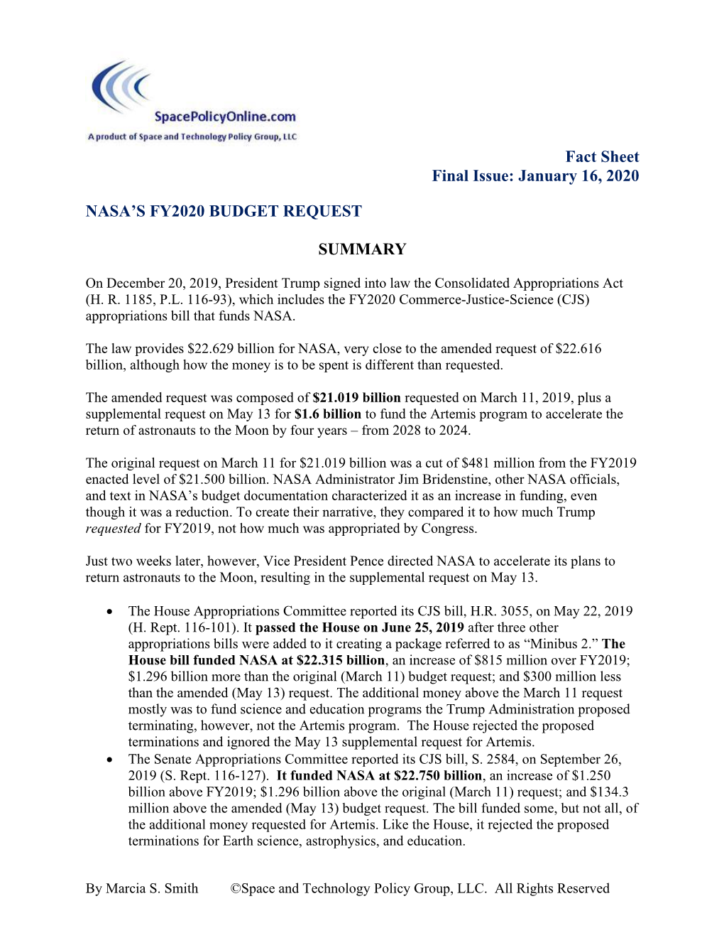 Fact Sheet Final Issue: January 16, 2020 NASA's FY2020 BUDGET