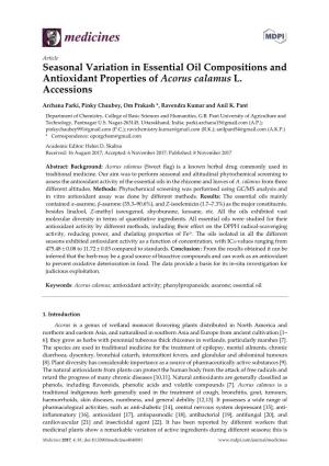 Seasonal Variation in Essential Oil Compositions and Antioxidant Properties of Acorus Calamus L