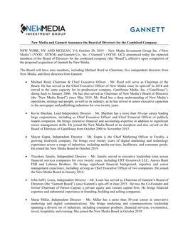 New Media and Gannett Announce the Board of Directors for the Combined Company
