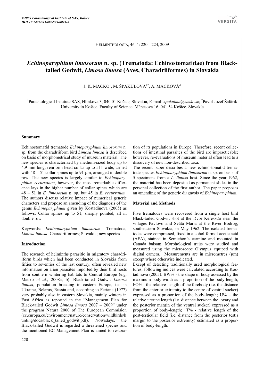 Echinoparyphium Limosorum N. Sp. (Trematoda: Echinostomatidae) from Black- Tailed Godwit, Limosa Limosa (Aves, Charadriiformes) in Slovakia