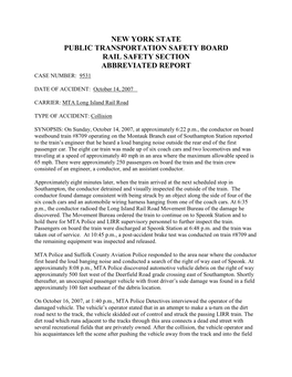 New York State Public Transportation Safety Board Rail Safety Section Abbreviated Report Case Number: 9531