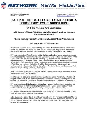 National Football League Earns Record 35 Sports Emmy Award Nominations
