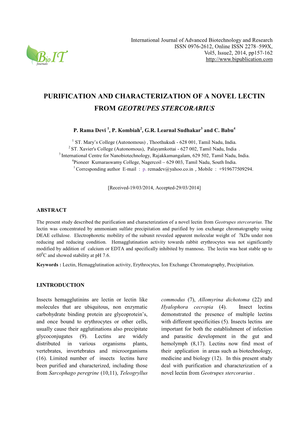 Purification and Characterization of a Novel Lectin from Geotrupes Stercorarius