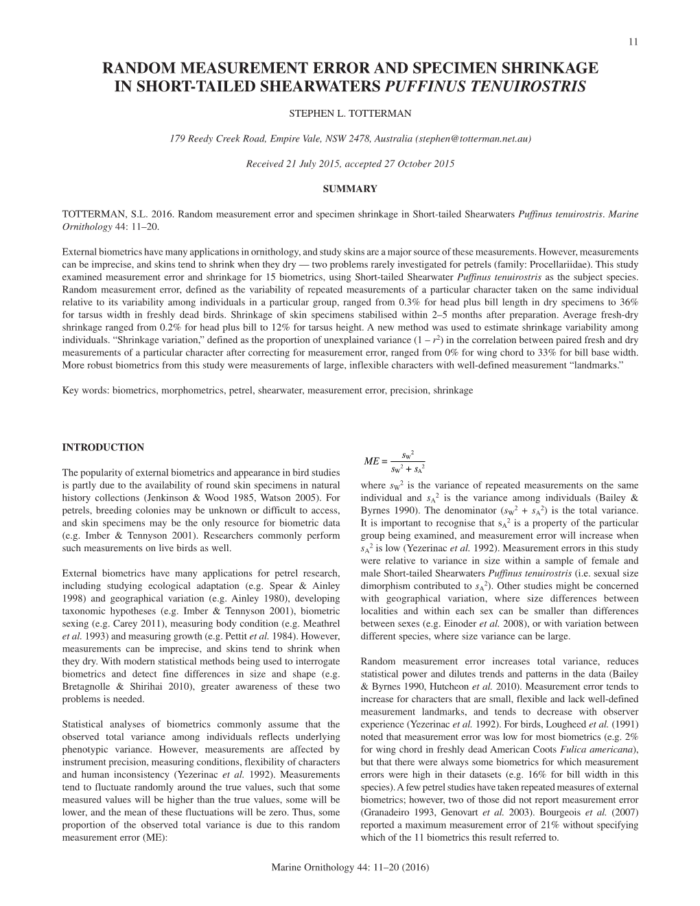 Random Measurement Error and Specimen Shrinkage in Short-Tailed Shearwaters Puffinus Tenuirostris