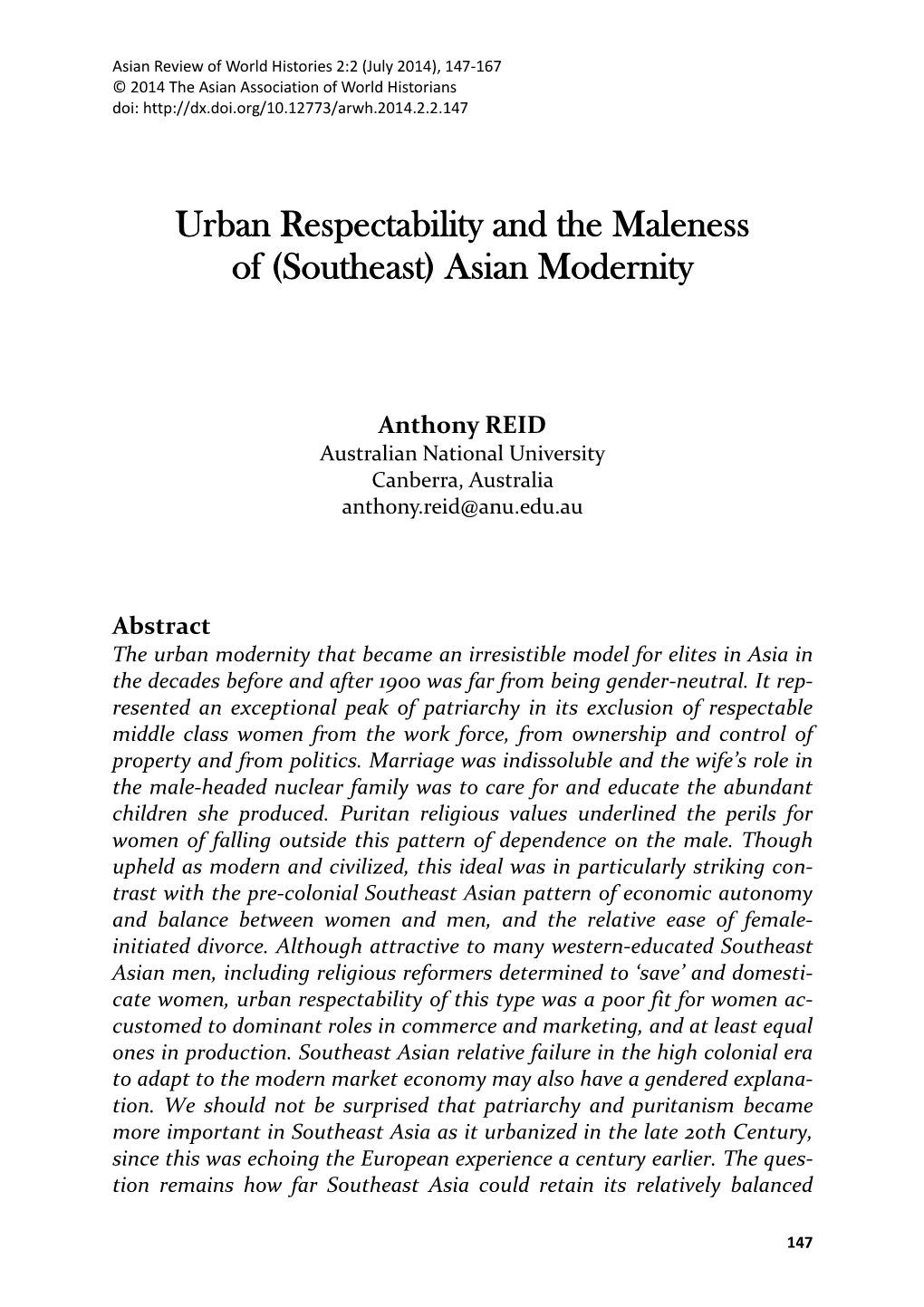 Urban Respectability and the Maleness of (Southeast) Asian Modernity