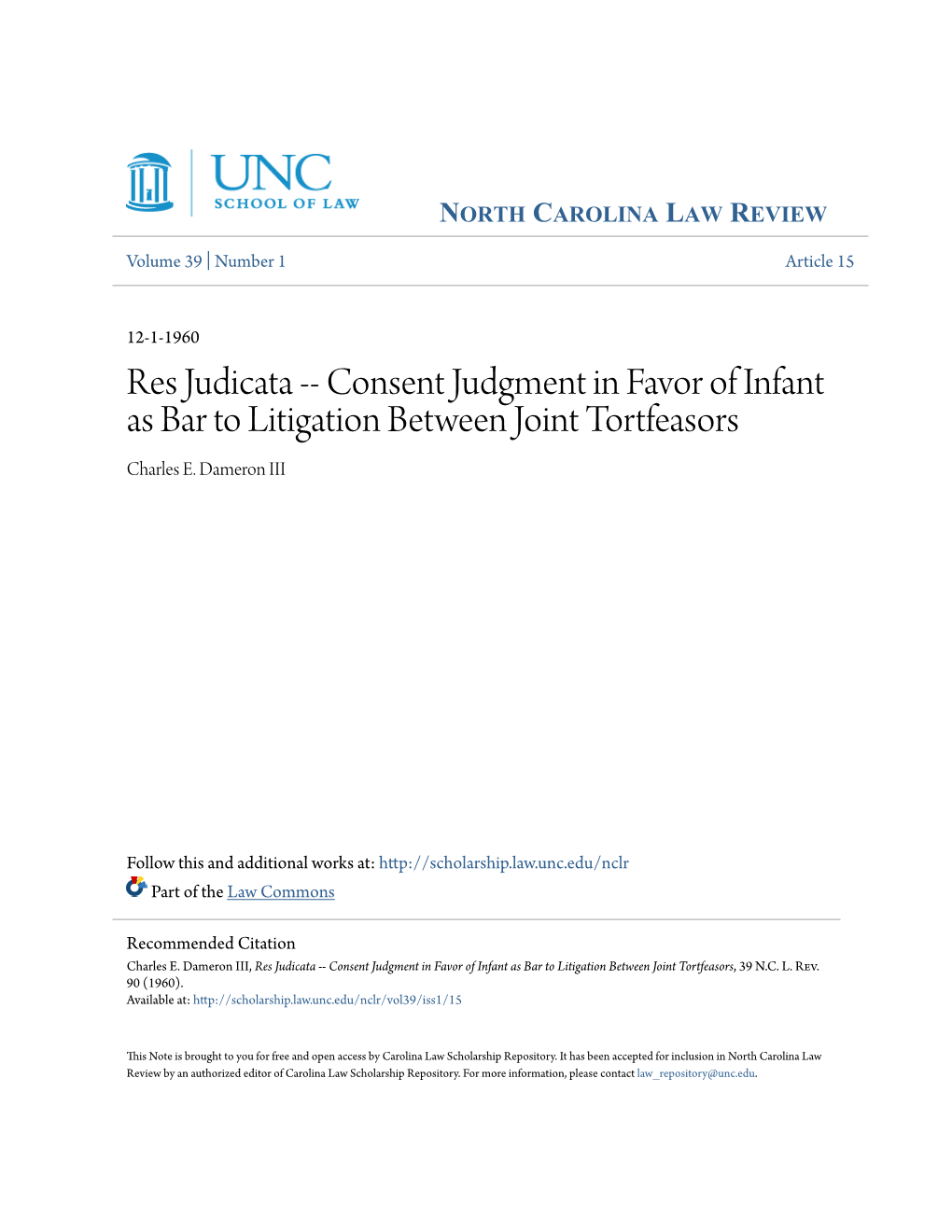 Res Judicata -- Consent Judgment in Favor of Infant As Bar to Litigation Between Joint Tortfeasors Charles E