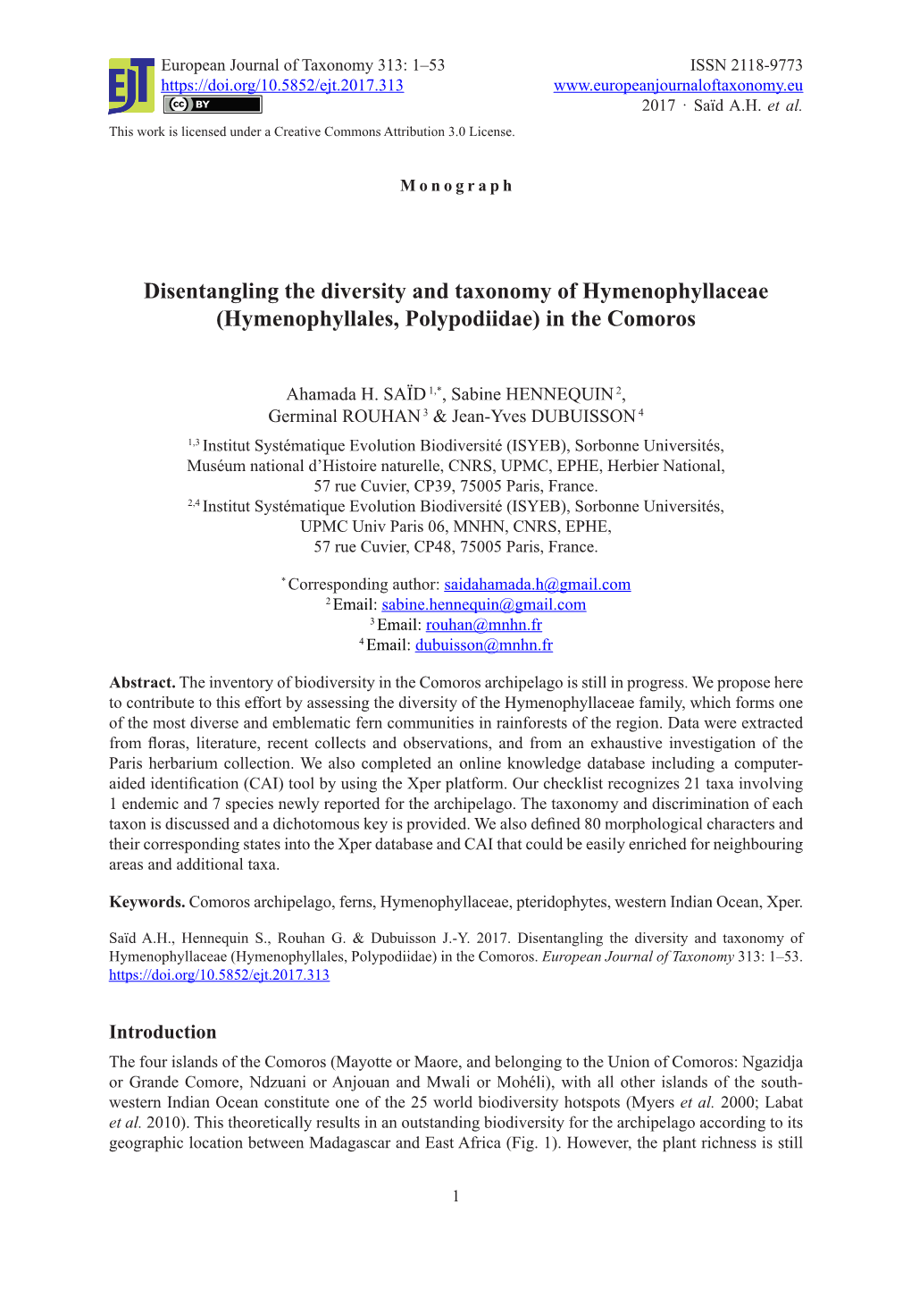 (Hymenophyllales, Polypodiidae) in the Comoros