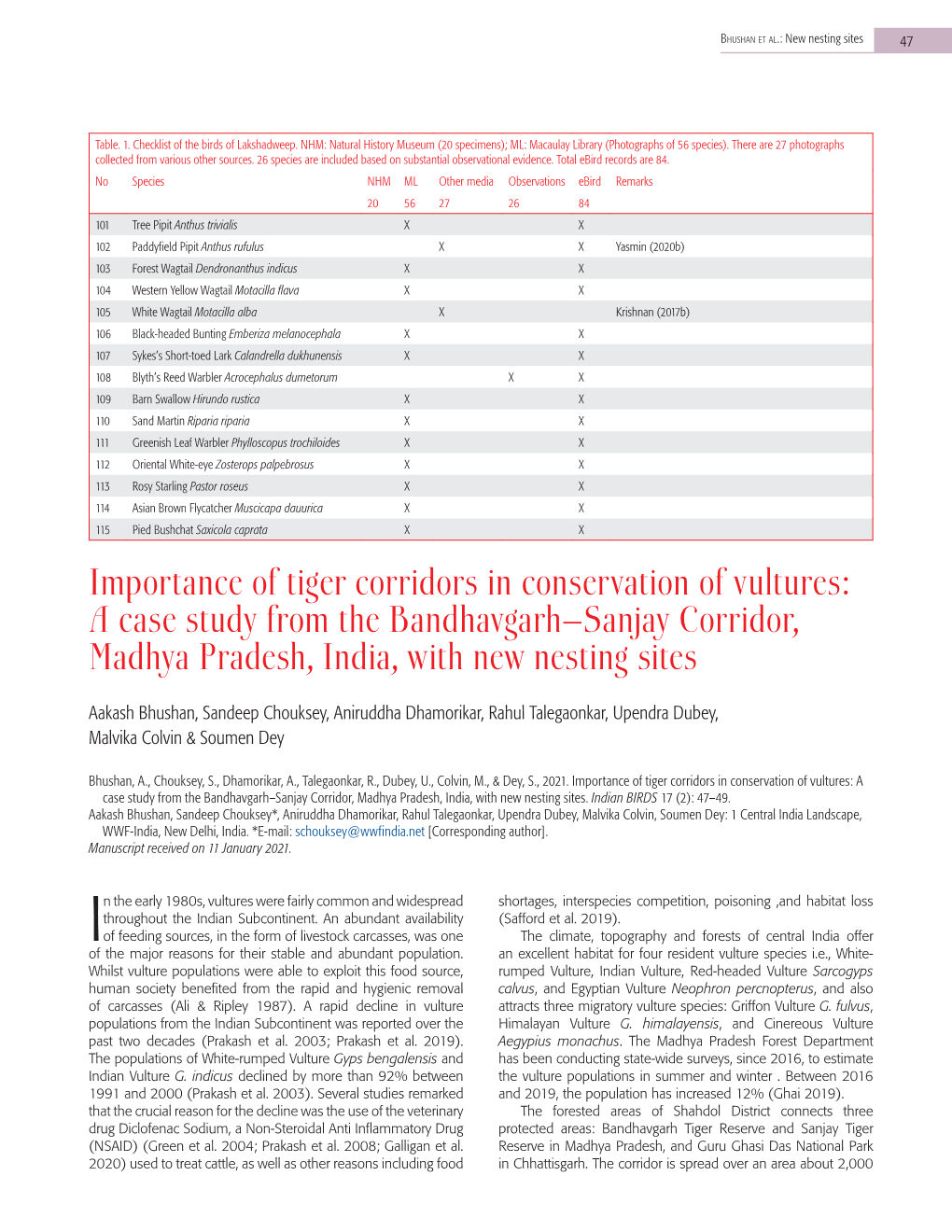 Importance of Tiger Corridors in Conservation of Vultures: a Case Study from the Bandhavgarh–Sanjay Corridor, Madhya Pradesh, India, with New Nesting Sites