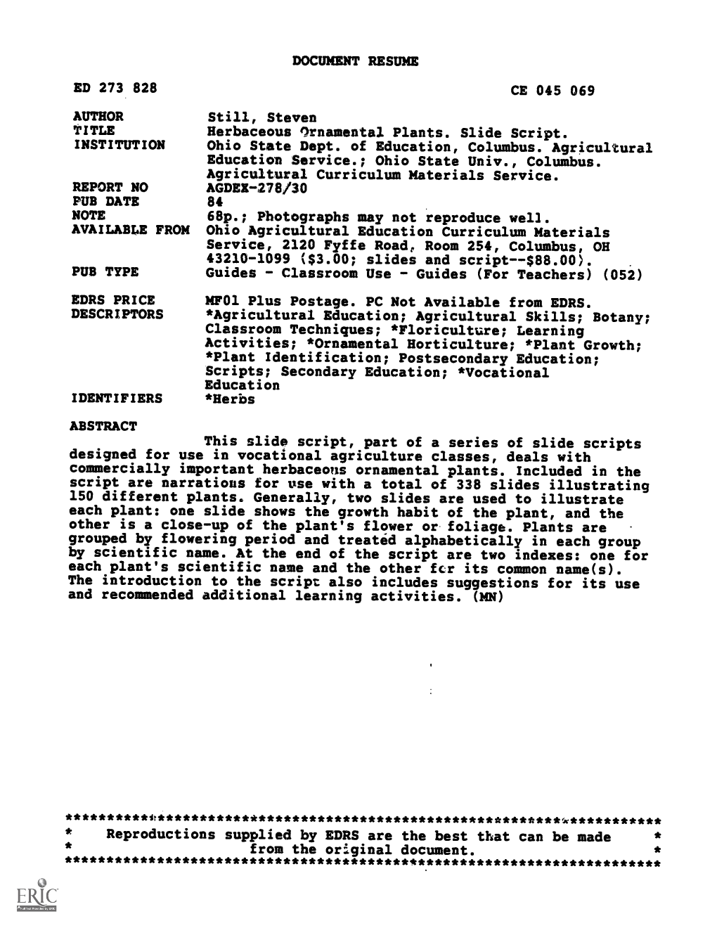 Herbaceous Ornamental Plants. Slide Script. INSTITUTION Ohio State Dept