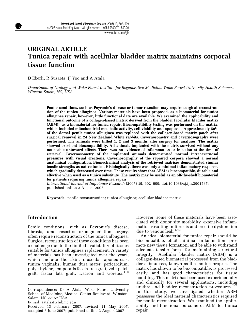 Tunica Repair with Acellular Bladder Matrix Maintains Corporal Tissue Function