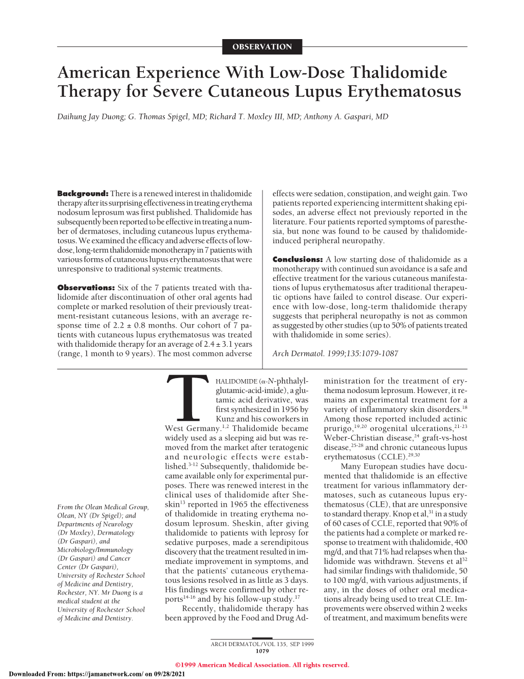 American Experience with Low-Dose Thalidomide Therapy for Severe Cutaneous Lupus Erythematosus