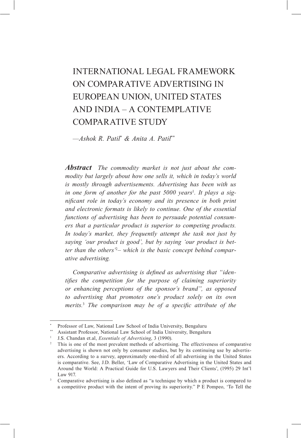 International Legal Framework on Comparative Advertising in European Union, United States and India – a Contemplative Comparative Study