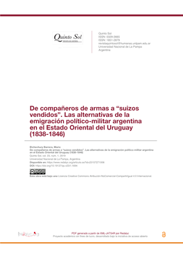 “Suizos Vendidos”. Las Alternativas De La Emigración Político-Militar Argentina En El Estado Oriental Del Uruguay (1838-1846)