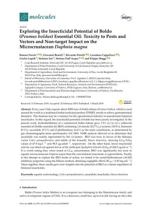 Exploring the Insecticidal Potential of Boldo (Peumus Boldus) Essential Oil: Toxicity to Pests and Vectors and Non-Target Impact on the Microcrustacean Daphnia Magna