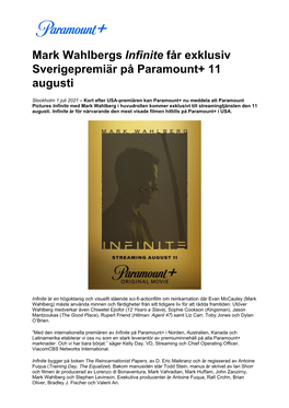 Mark Wahlbergs Infinite Får Exklusiv Sverigepremiär På Paramount+ 11 Augusti