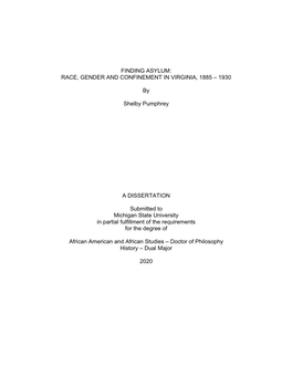 Finding Asylum: Race, Gender and Confinement in Virginia, 1885 – 1930